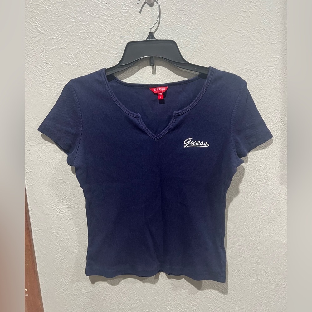 Guess Women's Navy Short Sleeve Logo Tee Size Large EUC Ribbed - Picture 1 of 2